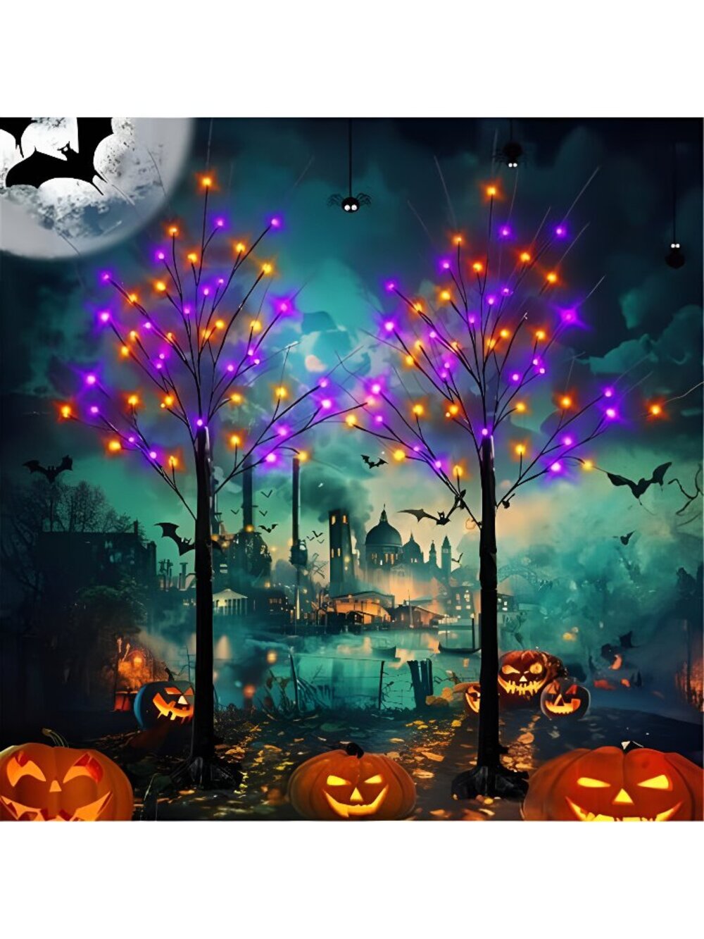 2 Pack 4FT Halloween Lighted Up Birch Tree, Total 96 LED Purple